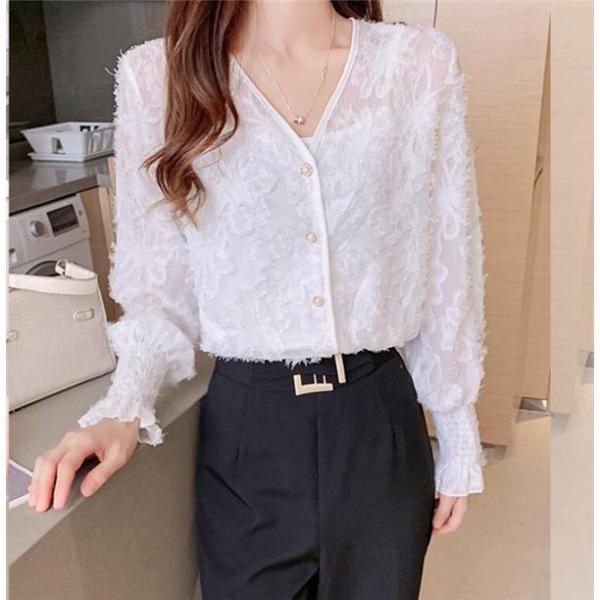 ブラウス レースブラウス きれいめ 長袖 大人 ホワイト 春夏 上品 vネック ブラウス オシャレ無...