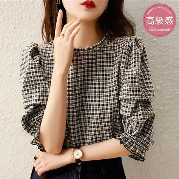 ブラウス 半袖 レディース フレア Tシャツ 5分袖 チェック柄 フレア袖 春 夏 プルオーバー 丸...