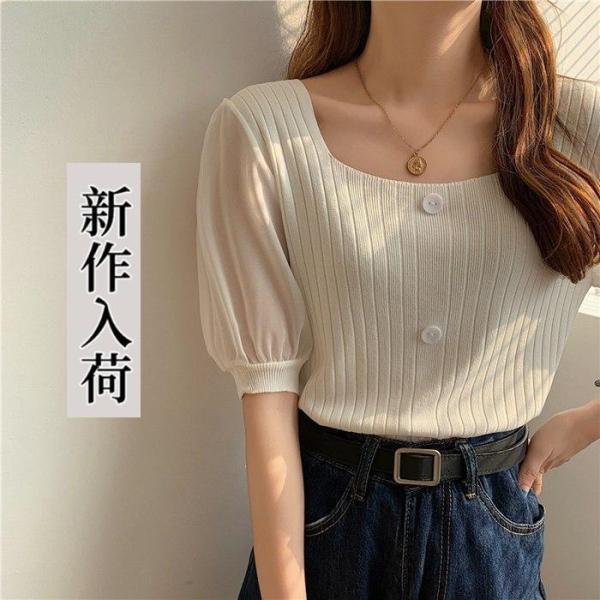 サマーニット レディース 半袖 Tシャツ ニットトップス スクエアネック パフスリーブ トップス シ...