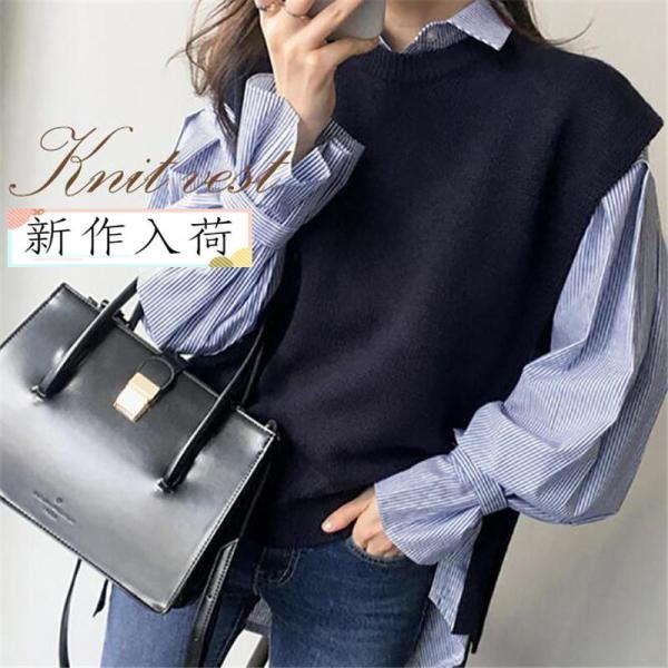 ニットベスト レディース ベストセーター クルーネック サイドスリット 無地 重ね着 韓国風 着痩せ...