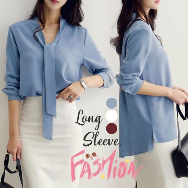 ブラウス レディース ボウタイシャツ シャツ トップス 春 長袖 Vネック シフォン ビジネス オフ...