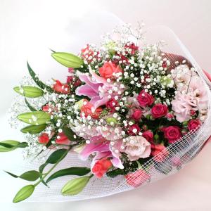 ピンクのユリとバラの豪華な花束｜hanaei