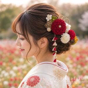 つまみ細工髪飾り 華ダリア えんじ 赤 ゴール...の詳細画像1