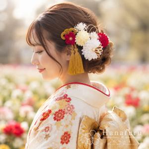 つまみ細工髪飾り 華ダリア 赤 白 ゴールド｜成人式 卒業式 結婚式 和装