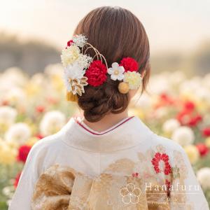 つまみ細工髪飾り 華ダリア 赤 白 ゴールド|...の詳細画像1