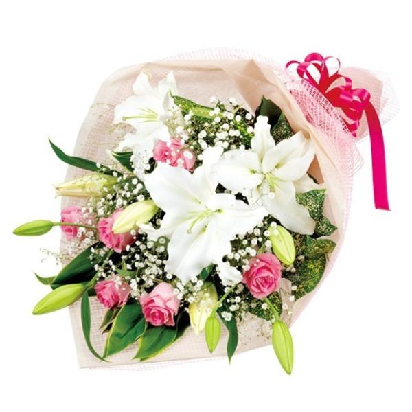 花束 - 511035（白ユリ・ピンクバラの華やかで上品な花束）花キューピット商品