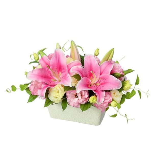アレンジメント - 511757（ピンク系のお花が中心の横長のアレンジメント）　花キューピット商品