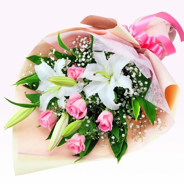 花束 - 512064（ユリやバラ・かすみ草の華やか花束）  花キューピット商品