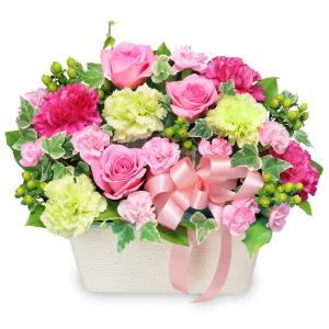 花キューピット ピンク系のお花でまとめたアレンジメント メッセージ
