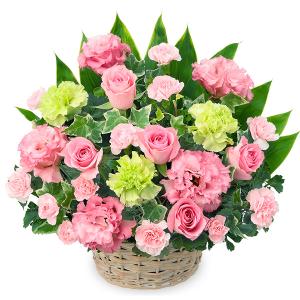 花キューピット ピンクのバラ中心のかわいいフラワーアレンジメント