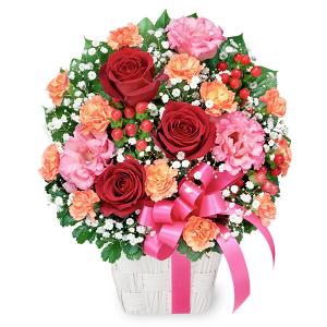 花キューピット かわいいバスケットのピンク系フラワーアレンジメント