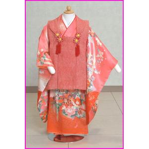 京都〕七五三3歳被布セットレンタル318 黄色地裾朱お花ちょう柄朱