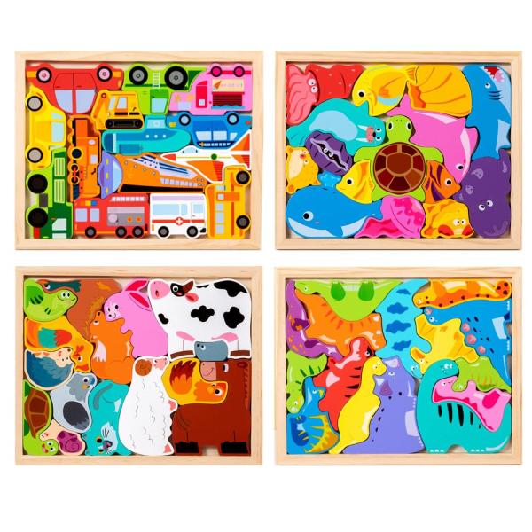 木製パズル 4種類シリーズ プラスサイズ 大容量 型はめパズル 脳トレ 3 4 5 6歳