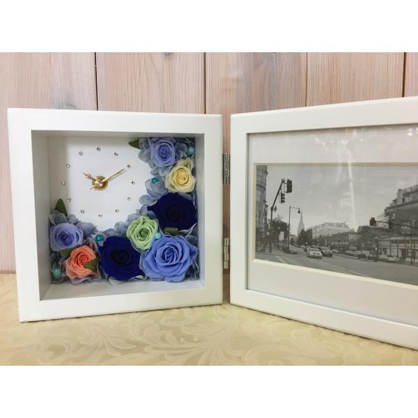プリザーブドフラワー　「ピクチャー縦横フレーム時計付き　S」　ブルー（ホワイトフレーム）