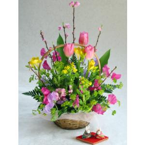 桃の花と菜の花、チューリップのアレンジメント「雛祭」