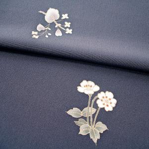 染着尺　附下小紋　茶花散らし　紺ねず　手描友禅　正絹　