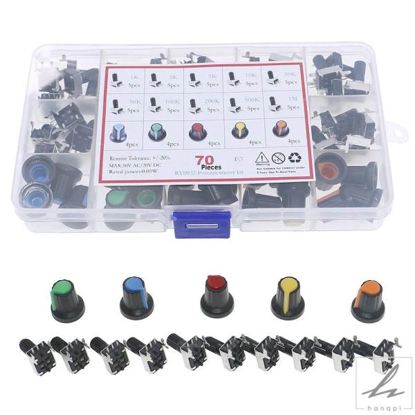 【並行輸入品】70個 10値 3ピン RV09タイプ 水平ポテンショメータキット 1K 2K 5K ...