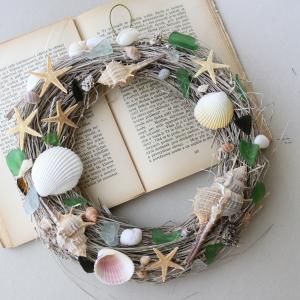 【１点もの ・ 玄関ドアOK♪】貝殻とシーグラスの夏色リース I / 夏 玄関 ドア用リース フラワーリース 北欧インテリア 開店祝い プレゼント 誕生日 ギフト