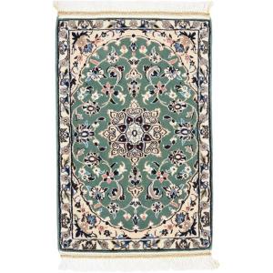 ペルシャ 絨毯 ナイン ウール 手織 玄関マット グリーン系 約50×75cm N-2193 50×75cm