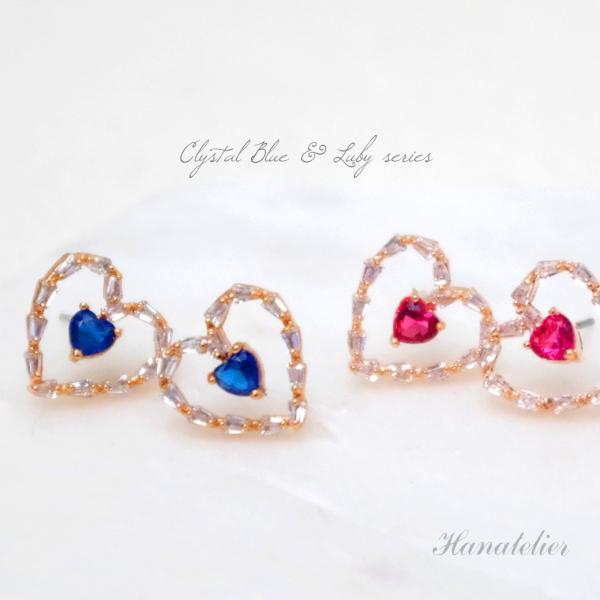 送料無料！Ｒｕｂｙ＆ＢｌｕｅカラーキュービックジルコニアのオープンハートピアスSILVER925ポス...