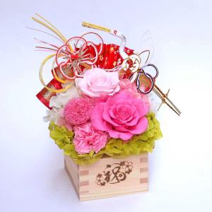 プリザーブドフラワー プレゼント 誕生日 ギフト お祝い お花 贈り物 和風 枡フラワー ケース付 おしゃれ 送料無料 [祥福（桃色_梅花水引）しょうふく]