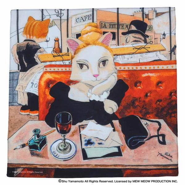 キャットアート　プリントハンカチ　「カフェにて」 藤田猫治(レオニャール・フジタ)【CAT ART】