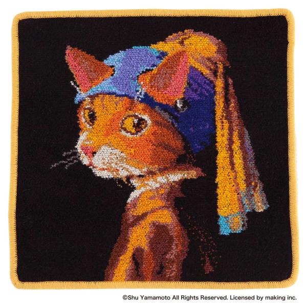 キャットアート　タオルハンカチ　真珠のイヤリングをした少女猫/ヨハネス・フェルネーコ