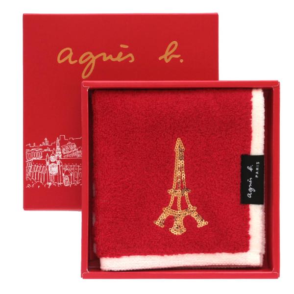 アニエスベー　大判　タオルハンカチ（28cm）（パッケージ入り）スパンコール エッフェル塔　レッド