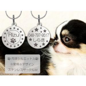 迷子札 肉球 シルエット入 星柄デザイン 愛犬 ネーム プレート ステンレス サークルＭ