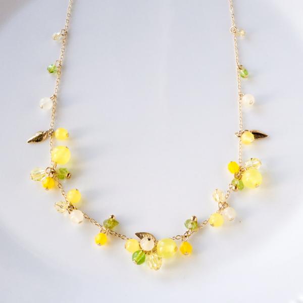 ネックレス ミモザ 天然石 クリスタル ガラス ハンドメイド ビーズ 花 イエロー アクセサリー キ...