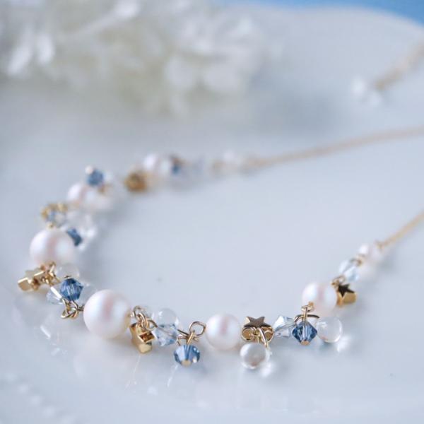 ネックレス 星 綺麗 華奢 クリスタルガラス パール ビーズ レジン ハンドメイド アクセサリー キ...