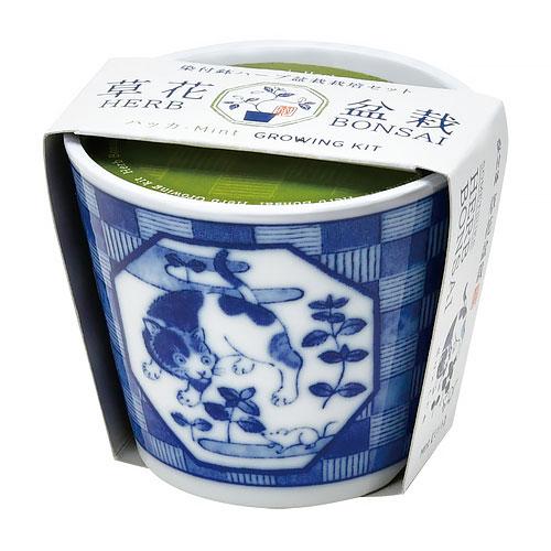 聖新陶芸　染付小紋草加BONSAI　ねこ／ミント　GD1022‐2 ハンズ