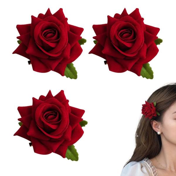 Doyime バラの花3本セット薔薇フラワーコサージュ 花髪飾り 大きな花のブローチ 花嫁 ヘッドド...