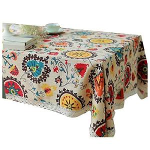 YBK Tech 綿麻 テーブルクロス レースエッジ付き 長方形 太陽の花パターン (ダークベージュ) (140cm* 180cm)