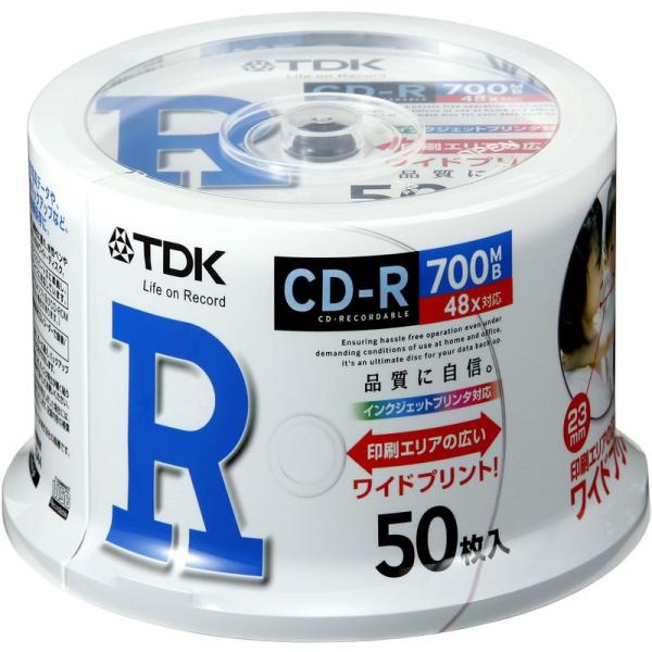 TDK データ用CD-R 700MB 48倍速対応 ホワイトワイドプリンタブル 50枚スピンドル C...