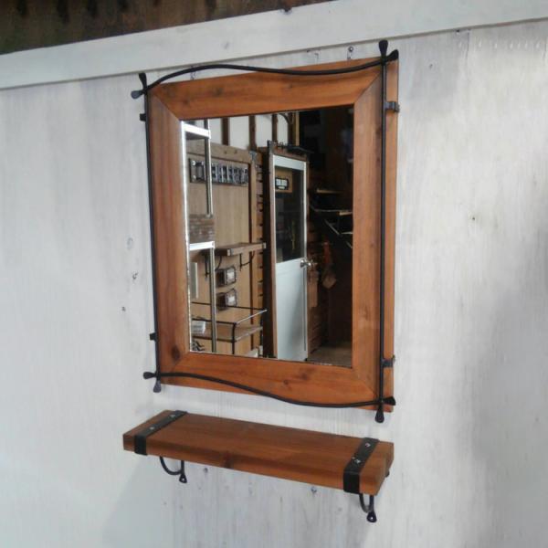 アイアン＆ウッド 美容院向けウォールミラー　スタンダードサイズ ウォールミラーと棚（シェルフ）のセッ...