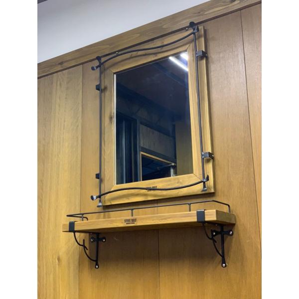 アイアン＆ウッド 美容院向けウォールミラー　スタンダードサイズ ウォールミラーと棚（シェルフ）のセッ...