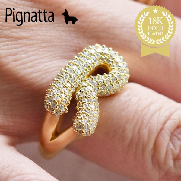 ≪Pignatta≫ イニシャル R キュービックジルコニア クリスタル ゴールド リング Frey...