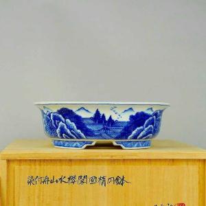 月香 共布 共箱 染付 舟 山水 楼閣図 楕円...の詳細画像1