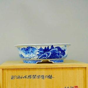 月香 共布 共箱 染付 舟 山水 楼閣図 楕円...の詳細画像3