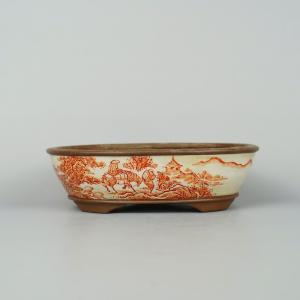 盆栽鉢 「紀伊赤絵山水図楕円鉢」 植木鉢 絵付鉢 作家鉢 磁器 共箱