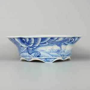 月香 染付 龍絵 外縁 木瓜鉢 観賞用 盆栽鉢...の詳細画像1