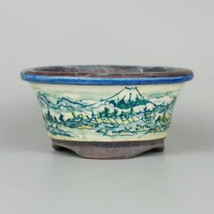 中古】盆栽鉢 初代 石田 祥石 小型 長辺 約 11.8cm 六角鉢 外縁 色絵