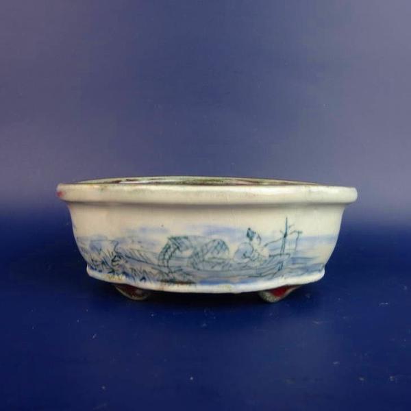 陶翠 陶翠園造 染付 山水画 外縁 木瓜鉢 風景画 盆栽鉢 現品 新品