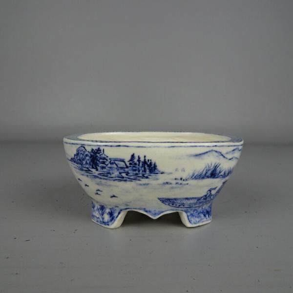 盆栽鉢 梢風 小鉢 長辺 約 9.2cm 長方鉢 染付 山水図 鑑賞 観賞用 現品 新品