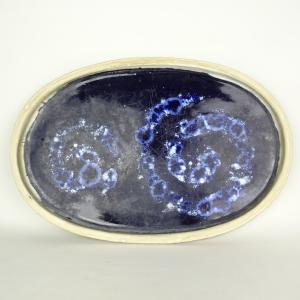 【中古】水盤 義村秀峰 大型 長辺 約62cm 楕円 鉢 水石 盆栽 花器 釉薬 現品 中古