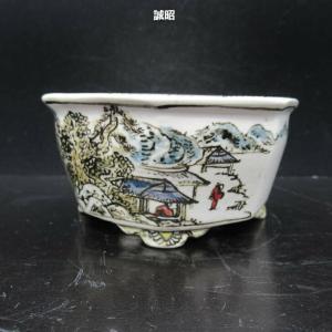 盆栽鉢 「紀伊赤絵山水図楕円鉢」 植木鉢 絵付鉢 作家鉢 磁器 共箱