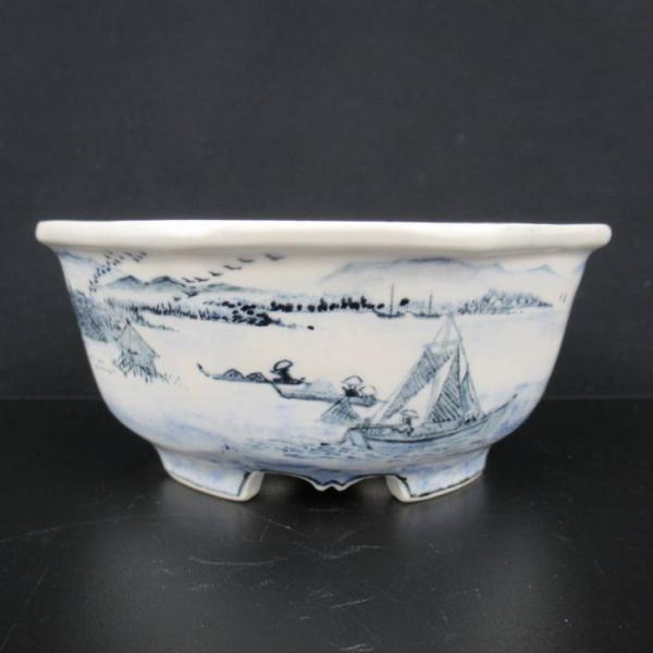 梢風 盆栽鉢 八角 染付 山水人物図 新品 現品