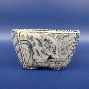 中古】盆栽鉢 初代 石田 祥石 小型 長辺 約 11.8cm 六角鉢 外縁 色絵