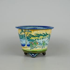 盆栽鉢 「紀伊赤絵山水図楕円鉢」 植木鉢 絵付鉢 作家鉢 磁器 共箱